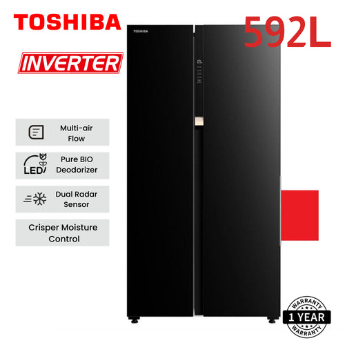 Toshiba Side By Side Door Inverter Fridge Black Glass (592L)